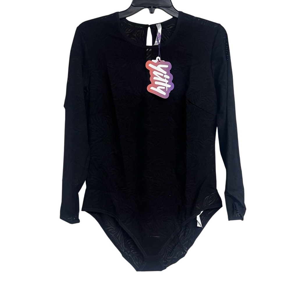 NWT YITTY by Fabletics Hot Mesh Black Long Sleeve Bodysuit‎ Large Goth